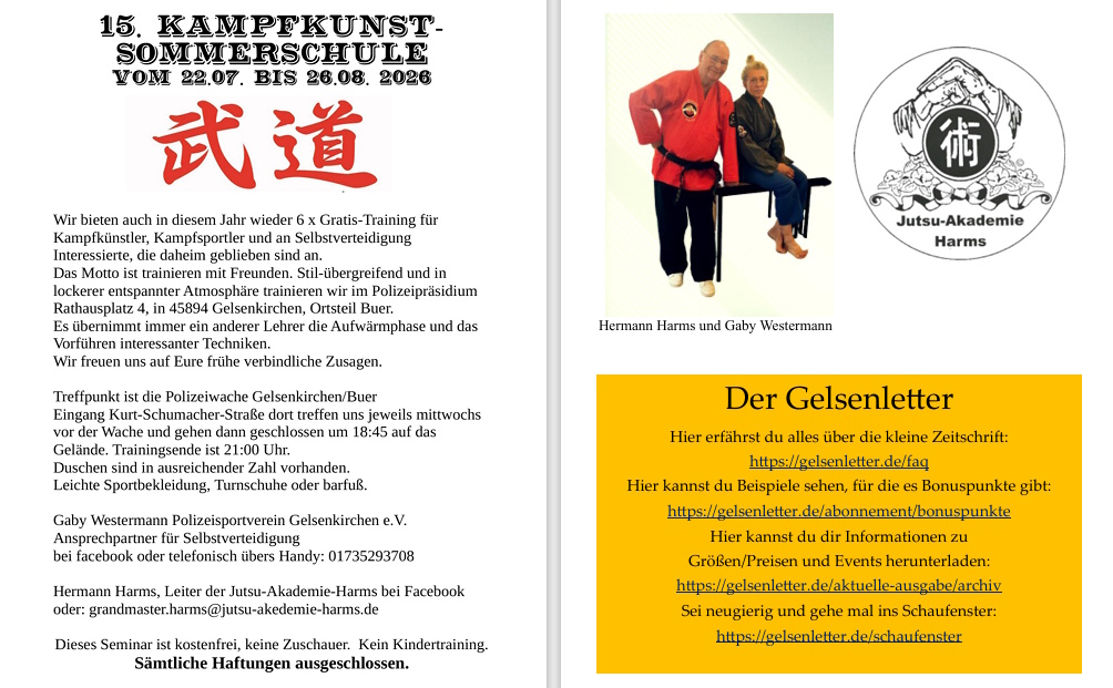 Plakat zur 15. Kampfkunst-Sommerschule der Jutsu-Akademie Harms vom 22.07. bis 26.08.2026
