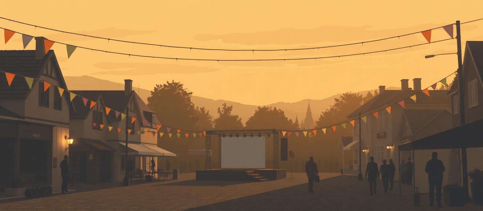 Sommerlicher Festplatz mit Bühne, Wimpelketten und Lichterketten in der Abendsonne